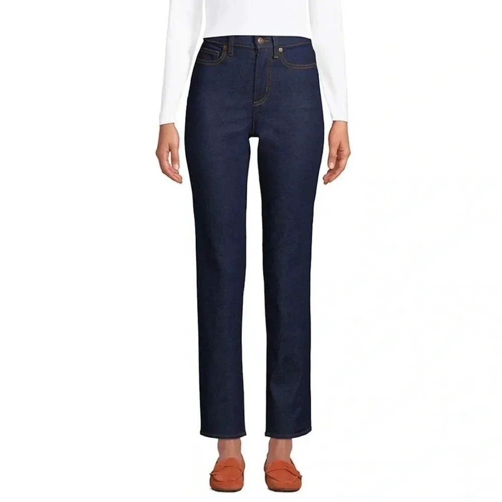 Lands' End Women's Straight Leg High-rise Stretch Dark Wash Blue‎ Jeans 14P EUC